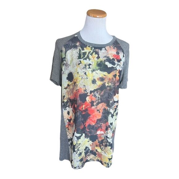 Womens Chloe K Floral Mixed Media Zipper Back Asymmetrical Top - Sz L - Picture 1 of 3